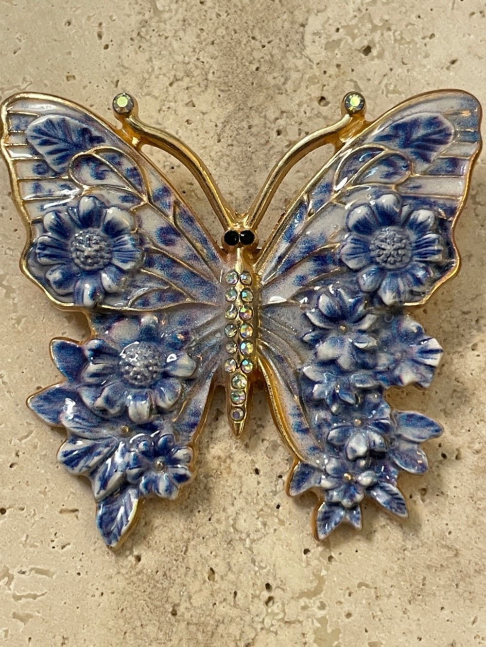 Anthropologie Y2K Blue Butterfly Brooch Floral Enamel Rhinestone Statement